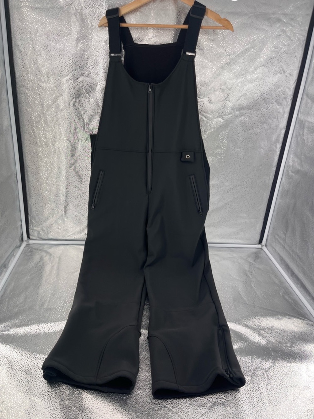 Waterproof Black Softshell Fleece Lined Ski Snow Bib Pockets Overalls Size L